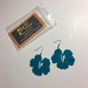 Teeki Togs Teal Blue Hibiscus Acrylic Earrings